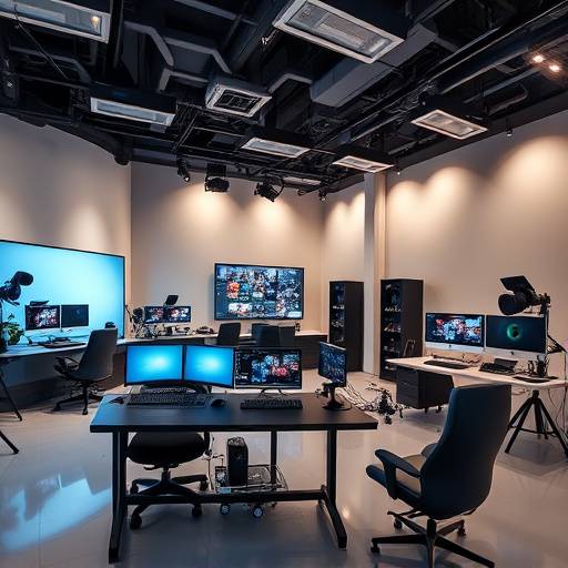 Studio de post-production avec stations de montage et √©talonnage